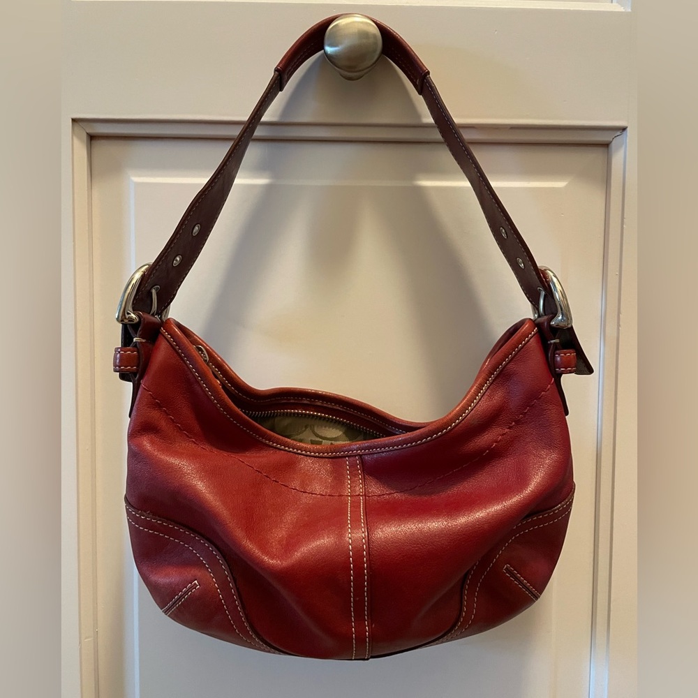 Vintage Cherry Red Coach Small Hobo Purse with belt strap detail